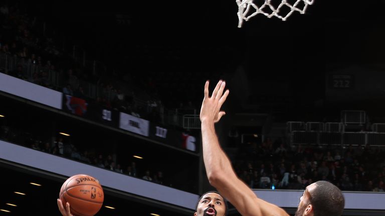 BROOKLYN, NY - NOVEMBER 28: Spencer Dinwiddie #8 of the Brooklyn Nets shoots the ball against the Utah Jazz on November 28, 2018 at Barclays Center in Brooklyn, New York. NOTE TO USER: User expressly acknowledges and agrees that, by downloading and or using this Photograph, user is consenting to the terms and conditions of the Getty Images License Agreement. Mandatory Copyright Notice: Copyright 2018 NBAE (Photo by Nathaniel S. Butler/NBAE via Getty Images)