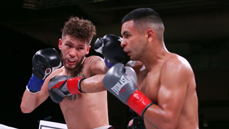 Nico Hernandez and Josue Morales during their bout  on November 17, 2018 at the Kansas Star Casino.  (Photo by Ed Mulholland/Matchroom Boxing USA)