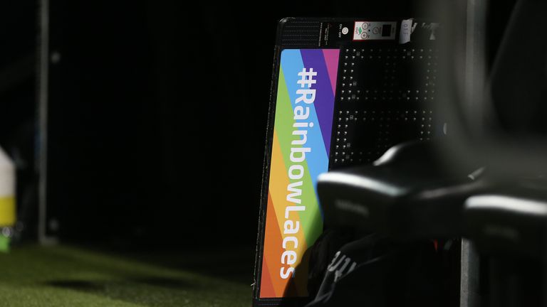 The Substitute Board is seen with Rainbow Laces branding during the Sky Bet League Two match between Northampton Town and Grimsby Town at Sixfields on November 24, 2018 in Northampton, United Kingdom
