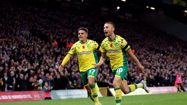 Norwich City's Moritz Leitner (rigth) celebrates scoring his side's second goal of the game
