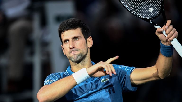 Novak Djokovic celebrates after winning against Croatia&#39;s Marin Cilic at the end of their men&#39;s singles quarter-final tennis match on day five of the ATP World Tour Masters 1000 - Rolex Paris Masters