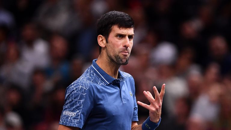 Novak Djokovic of Serbia reacts in the Final against Karen Khachanov of Russia during Day 7 of the Rolex Paris Masters on November 4, 2018 in Paris, France.