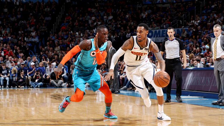 OKLAHOMA CITY, OK- NOVEMBER 24: Monte Morris #11 of the Denver Nuggets drives to the basket against the Oklahoma City Thunder on November 24, 2018 at Chesapeake Energy Arena in Oklahoma City, Oklahoma. NOTE TO USER: User expressly acknowledges and agrees that, by downloading and or using this photograph, User is consenting to the terms and conditions of the Getty Images License Agreement. Mandatory Copyright Notice: Copyright 2018 NBAE (Photo by Zach Beeker/NBAE via Getty Images)
