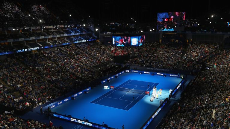 A general view of the O2 Arena as Roger Federer of Switzerland plays against David Goffin of Belgium in their semi final match the Nitto ATP World Tour Finals at O2 Arena on November 18, 2017 in London, England.