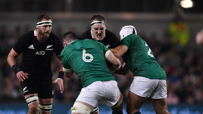 DUBLIN, IRELAND - NOVEMBER 17: Rory Best and Peter O'Mahony of Ireland and Brodie Retallick of New Zealand during the International Friendly rugby match between Ireland and New Zealand on November 17, 2018 in Dublin, Ireland. (Photo by Charles McQuillan/Getty Images)