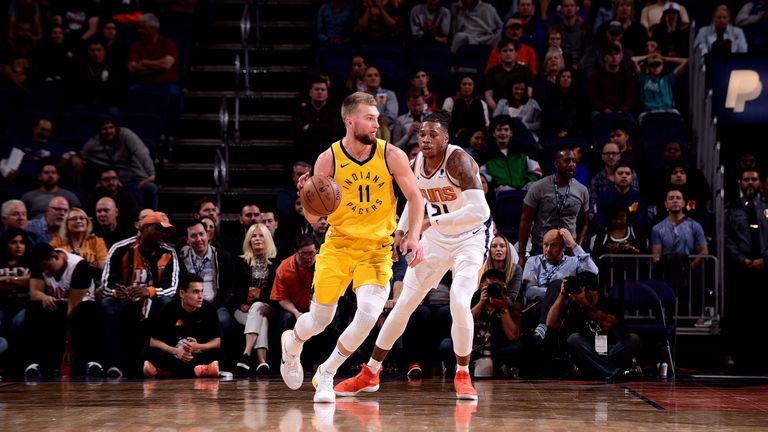 PHOENIX, AZ - NOVEMBER 27: Domantas Sabonis #11 of the Indiana Pacers handles the ball against the Phoenix Suns on November 27, 2018 at Talking Stick Resort Arena in Phoenix, Arizona. NOTE TO USER: User expressly acknowledges and agrees that, by downloading and or using this photograph, user is consenting to the terms and conditions of the Getty Images License Agreement. Mandatory Copyright Notice: Copyright 2018 NBAE (Photo by Michael Gonzales/NBAE via Getty Images)