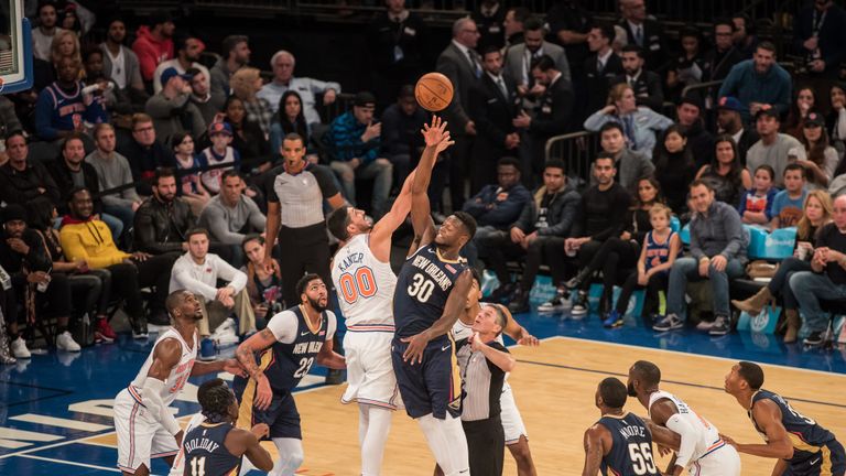 A jump-ball between the New Orleans Pelicans and the New York Knicks on November 23, 2018 at Madison Square Garden in New York City, New York.