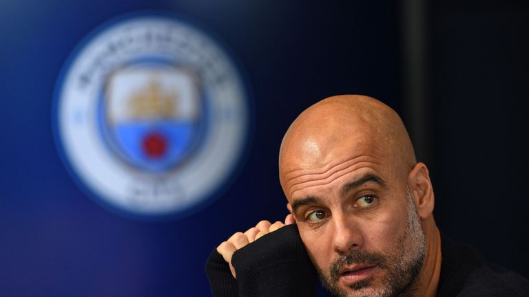 Pep Guardiola attends a press conference at City Football Academy on the eve of Manchester City's UEFA Champions League, Group F match against Shakhtar Donetsk