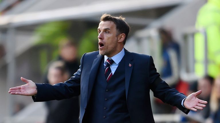 Phil Neville gestures during England Women v Sweden Women