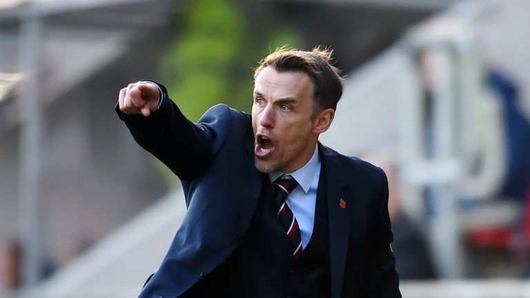 Phil Neville gestures on the touchline during England Women v Sweden Women