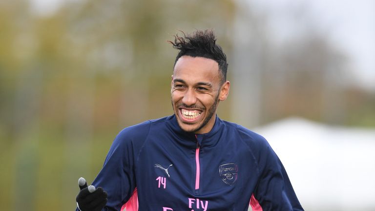 Arsenal striker Pierre-Emerick Aubameyang  in good spirits during a training session at London Colney on November 7, 2018