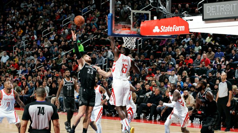 Blake Griffin #23 of the Detroit Pistons shoots the ball against the Houston Rockets on November 23, 2018 at Little Caesars Arena in Detroit, Michigan