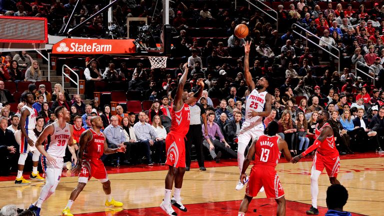 Reggie Bullock #25 of the Detroit Pistons shoots the ball against the Houston Rockets on November 21, 2018 at the Toyota Center in Houston, Texas.