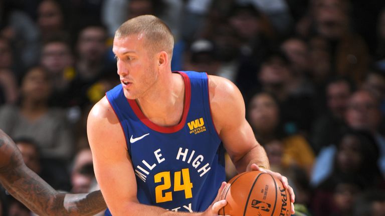 Mason Plumlee #24 of the Denver Nuggets handles the ball against the Brooklyn Nets on November 9, 2018 at Pepsi Center in Denver, Colorado