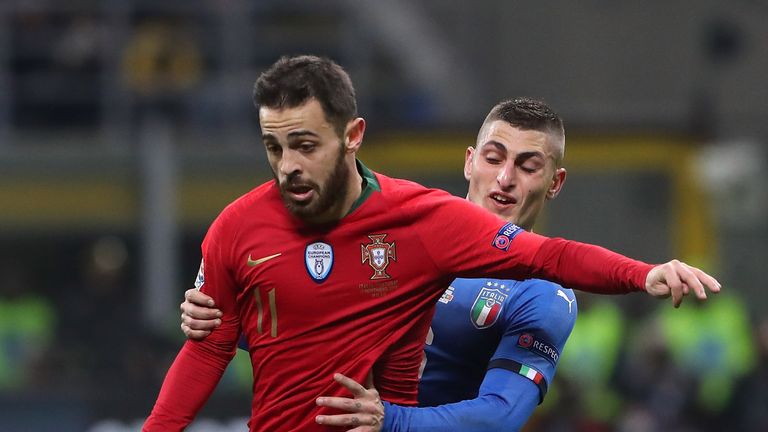 Bernardo Silva and Marco Verratti during the UEFA Nations League A group three match between Italy and Portugal at Stadio Giuseppe Meazza on November 17, 2018 in Milan, Italy.