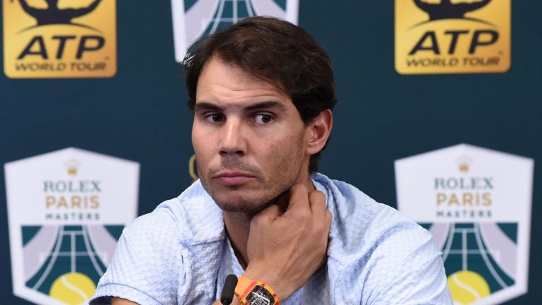 Rafael Nadal speaks during a press conference on day three of the ATP World Tour Masters 1000 - Rolex Paris Masters