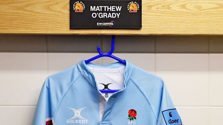 Referee Matthew O'Grady's shirt featured Rainbow Laces branding for the clash between Exeter Chiefs and Gloucester