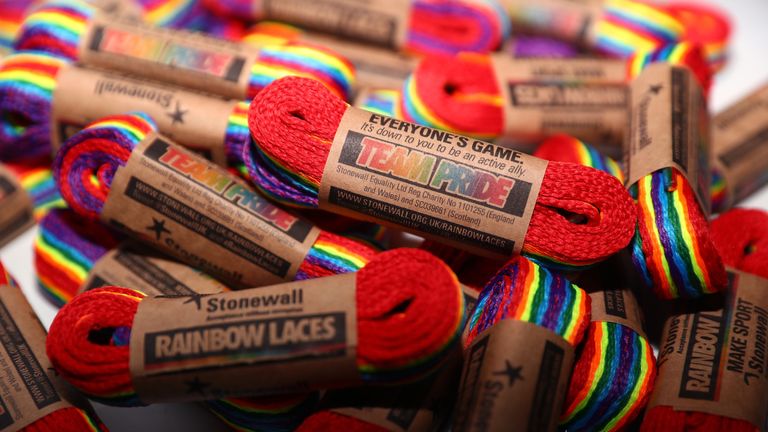 Rainbow laces are seen prior to the Gallagher Premiership Rugby match between Worcester Warriors and Harlequins at Sixways Stadium on November 23, 2018 in Worcester, United Kingdom