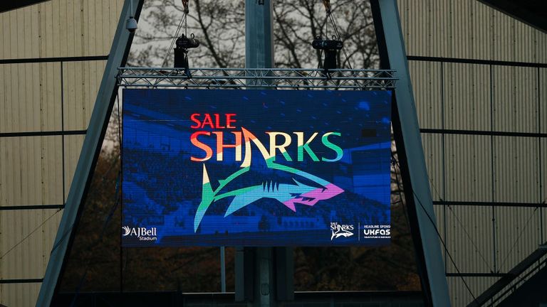  Sale Sharks branding in support of the Stonewall Rainbow laces day during the Gallagher Premiership Rugby match between Sale Sharks and Northampton Saints at AJ Bell Stadium on November 24, 2018 in Salford,