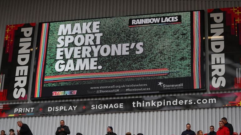 A big screen pictured with the colours of the 'Stonewall Rainbow' campaign during the Sky Bet Championship match between Rotherham United v Sheffield United at The New York Stadium on Nov 24 2018
