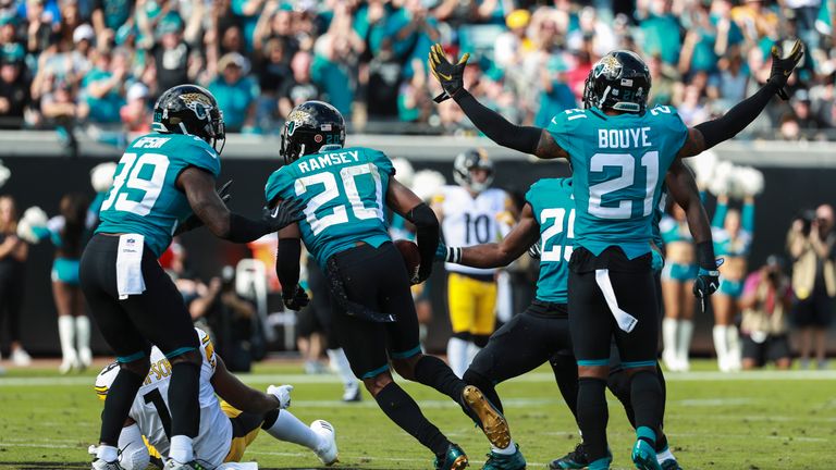 JACKSONVILLE, FL - NOVEMBER 18: Members of the Jacksonville Jaguars defense celebrate the interception made by Jalen Ramsey #20 of the Jacksonville Jaguars during the first half against the Pittsburgh Steelers at TIAA Bank Field on November 18, 2018 in Jacksonville, Florida.  (Photo by Scott Halleran/Getty Images)