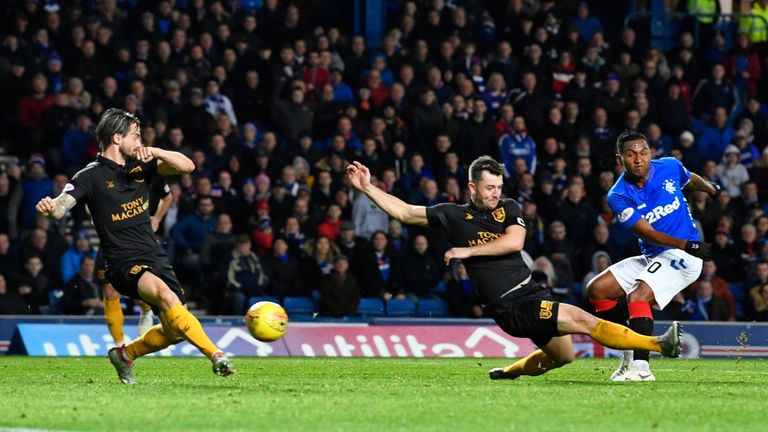 Alfredo Morelos scores Rangers' second goal in their 3-0 win over Livingston at Ibrox