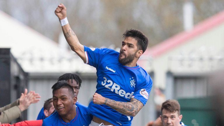 Rangers&#39; Daniel Candeias celebrates scoring his side&#39;s first goal of the game during the Ladbrokes Scottish Premier League match at St Mirren Park, St Mirren. 