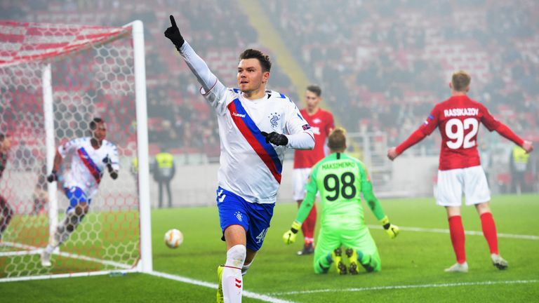 08/11/18 EUROPA LEAGUE.SPARTAK MOSCOW vs RANGERS.MOSCOW - RUSSIA.Rangers Glenn Middleton celebrates after making it 3-2