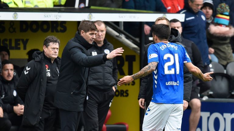 03/11/18 LADBROKES PREMIERSHIP.ST MIRREN v RANGERS (0-2).SIMPLE DIGITAL ARENA - PAISLEY.Rangers manager Steven Gerrard with Daniel Candeias after the latter is shown a red card