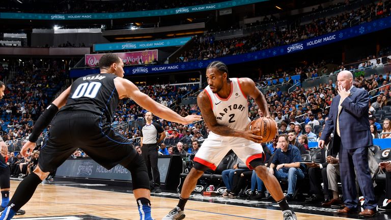 ORLANDO, FL - NOVEMBER 20: Kawhi Leonard #2 of the Toronto Raptors handles the ball against the Orlando Magic on November 20, 2018 at Amway Center in Orlando, Florida. NOTE TO USER: User expressly acknowledges and agrees that, by downloading and or using this photograph, User is consenting to the terms and conditions of the Getty Images License Agreement. Mandatory Copyright Notice: Copyright 2018 NBAE (Photo by Fernando Medina/NBAE via Getty Images)