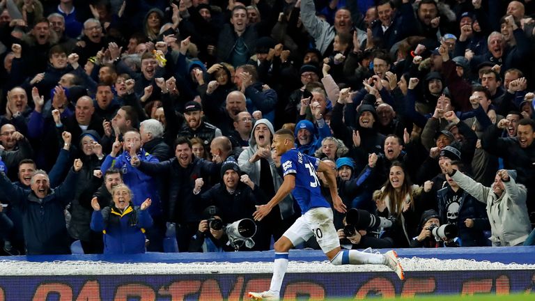 Richarlison celebrates after scoring his second goal for Everton against Brighton