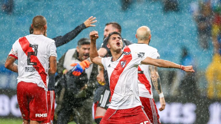 PORTO ALEGRE, BRAZIL - OCTOBER 30: Players of River Plate celebrate after winning the match against Gremio, part of Copa Conmebol Libertadores 2018, at Arena do Gremio on October 30, 2018, in Porto Alegre, Brazil. (Photo by Lucas Uebel/Getty Images)           