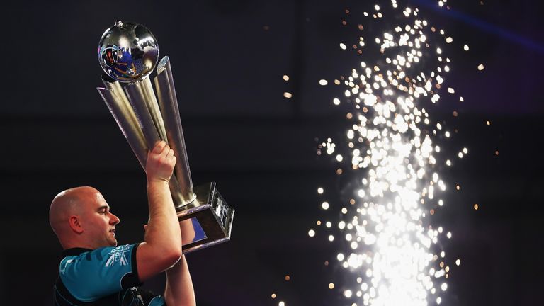 during the PDC World Darts Championship final on Day Fifteen at the 2018 William Hill PDC World Darts Championships at Alexandra Palace on January 1, 2018 in London, England.  (Photo by Naomi Baker/Getty Images)