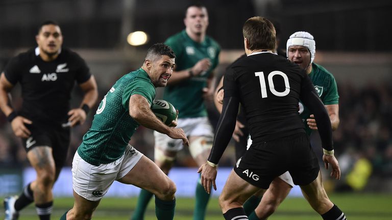 DUBLIN, IRELAND - NOVEMBER 17: Rob Kearney of Ireland and Beauden Barrett of New Zealand during the International Friendly rugby match between Ireland and New Zealand on November 17, 2018 in Dublin, Ireland. (Photo by Charles McQuillan/Getty Images)