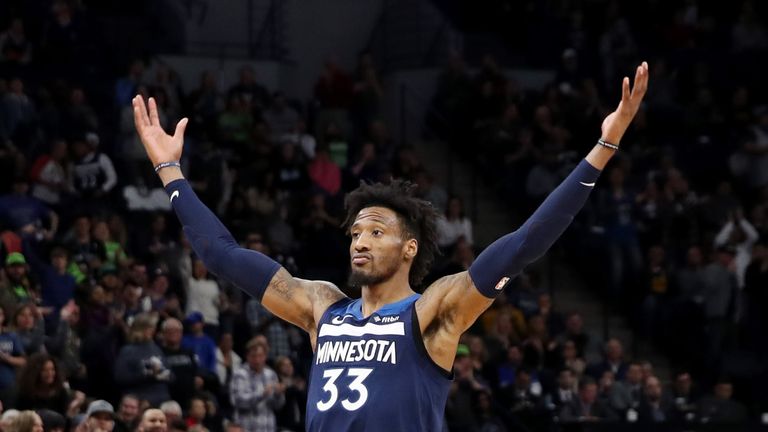 Robert Covington #33 of the Minnesota Timberwolves celebrates during the game against the Denver Nuggets on November 21, 2018 at Target Center in Minneapolis, Minnesota.