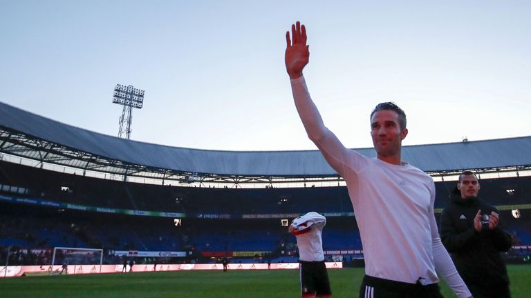 Robin van Persie waves to Feyenoord&#39;s fans after their game against VVV was suspended due to floodlight failure