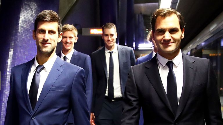 The eight singles players competing at the Nitto ATP Finals take the Jubilee line on the London Underground from North Greenwich station to Westminster station to attend the Nitto ATP Finals Official Launch presented by Moet & Chandon at London's iconic Houses of Parliament on November 9, 2018 in London, England. (L-R) Novak Djokovic, Kevin Anderson, John Isner, Roger Federer.