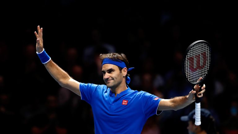 Roger Federer of Switzerland celebrates match point during his singles round robin match against Dominic Thiem of Austria during Day Three of the Nitto ATP World Tour Finals at The O2 Arena on November 13, 2018 in London, England.