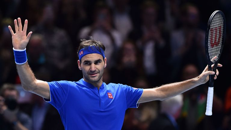 Roger Federer celebrates beating South Africa's Kevin Anderson in their men's singles round-robin match on day five of the ATP World Tour Finals tennis tournament at the O2 Arena in London on November 15, 2018.