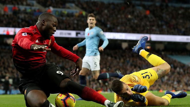 Romelu Lukaku is fouled in the penalty area by Ederson