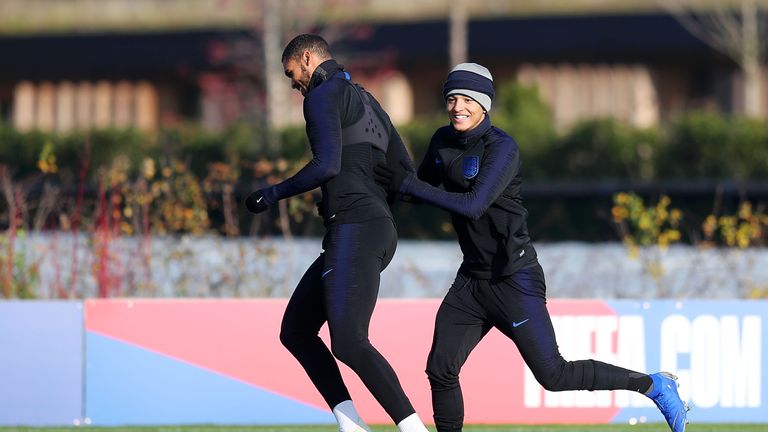 Ruben Loftus-Cheek and Jadon Sancho of England take part during the England Training Session at Tottenham Hotspur Training Centre on November 17, 2018 in Enfield, England.