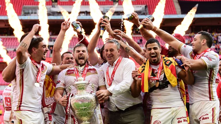 Catalan Dragons celebrate winning the 2018 Challenge Cup
