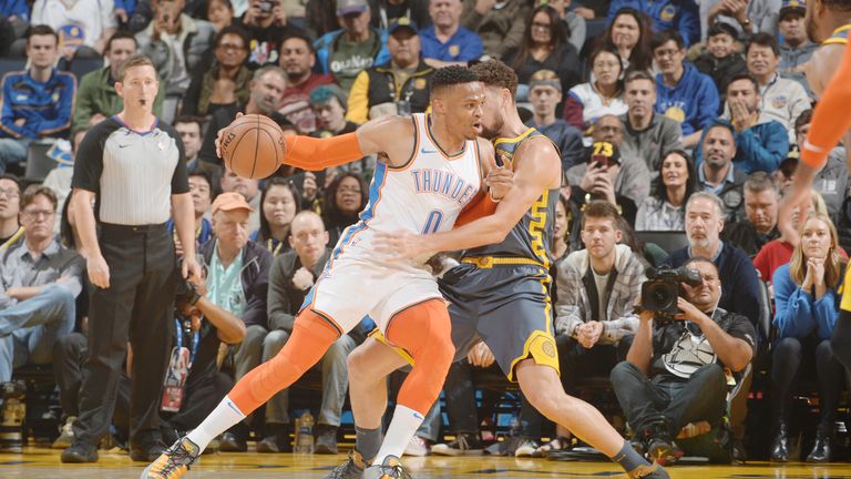 Russell Westbrook #0 of the Oklahoma City Thunder jocks for a position during the game against the Golden State Warriors on November 21, 2018 at ORACLE Arena in Oakland, California.