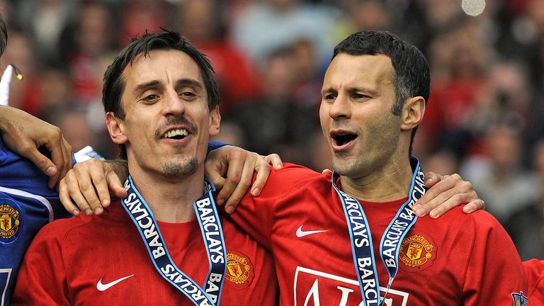 Manchester United's English defender Gary Neville (L) and Welsh midfielder Ryan Giggs celebrate after they clinch the title with a 0-0 draw against Arsenal in the English Premier League football match at Old Trafford, Manchester, north-west England, on May 16, 2009.The club's third title in a row equals Liverpool's record of 18 League championships.