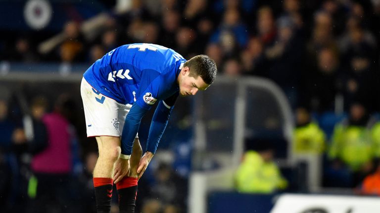 31/10/18 LADBROKES PREMIERSHIP.RANGERS V KILMARNOCK (1-1).IBROX STADIUM - GLASGOW.Rangers Ryan Kent is dejected in the second half