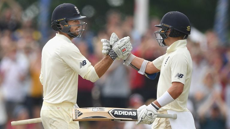 England batsman Ben Foakes reaches 50 on debut and is congratulated by Sam Curran (r) during Day One of the First Test match between Sri Lanka and England at Galle International Stadium on November 6, 2018 in Galle, Sri Lanka. 