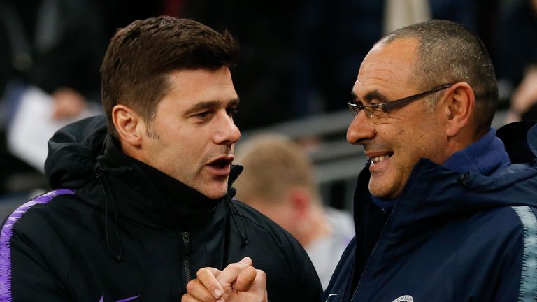 Chelsea head coach Maurizio Sarri greets Tottenham head coach Mauricio Pochettino before the English Premier League football match between Tottenham Hotspur and Chelsea 