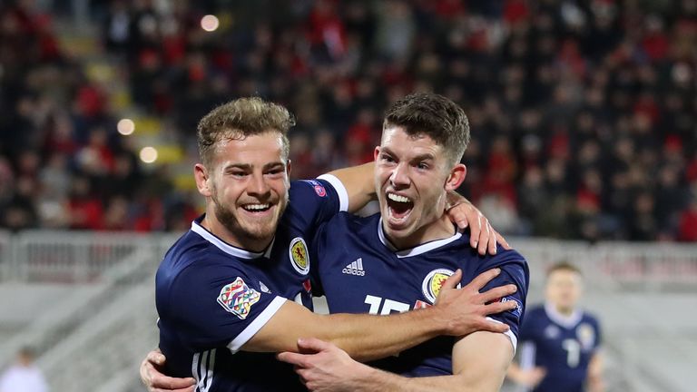 Scotland's Ryan Fraser (left) celebrates scoring his side's first goal of the game with team-mate Ryan Christie during the UEFA Nations League, Group C1 match at the Loro Borici Stadium, Shkoder