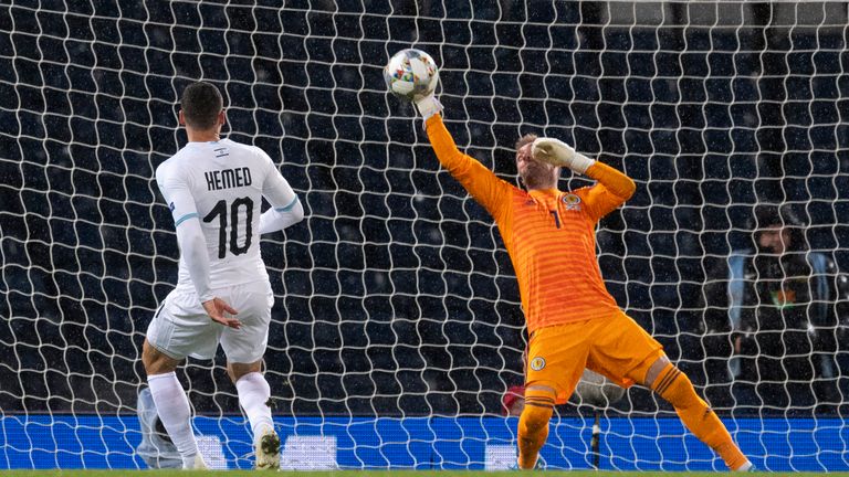 Scotland’s Allan McGregor pulls off a late save to deny Israel’s Tomer Hemed