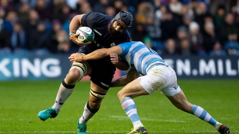 Scotland's Josh Strauss is tackled by Argentina's Nicolas Sanchez